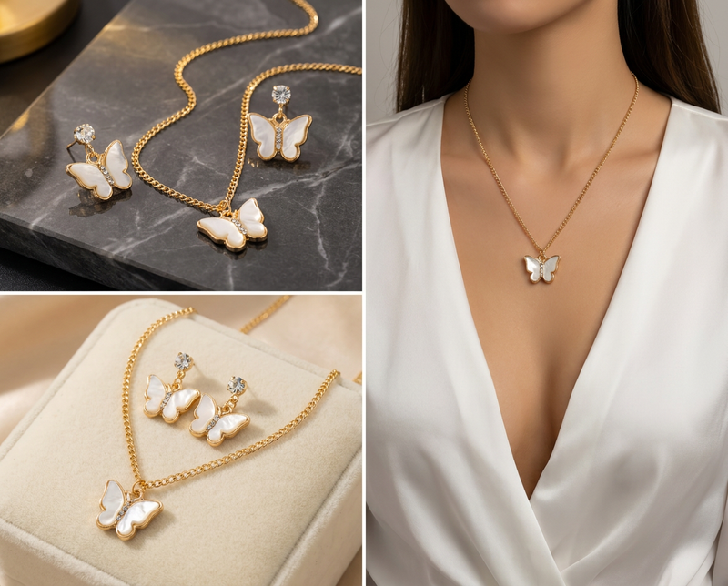 White Butterfly Necklace & Earrings Set - Gold Tone