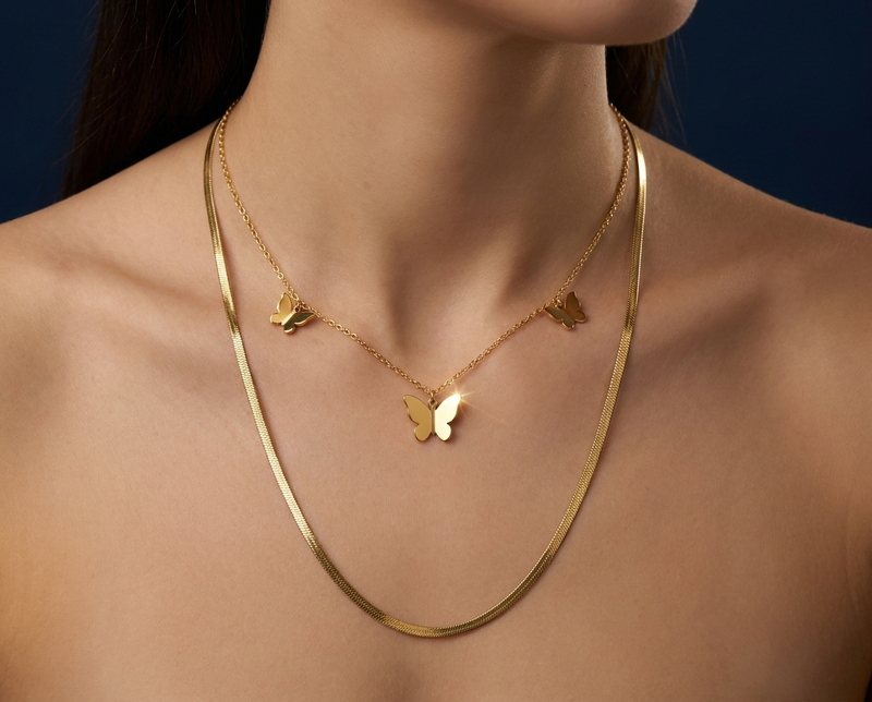 Butterfly Layered Necklace Set - Gold Tone