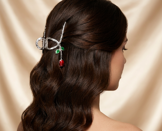Red Rose Hair Claw Clip - Silver Tone