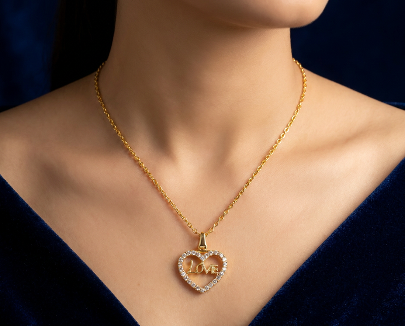 Love Heart Pendant Necklace - Gold Tone