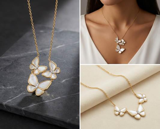 White Butterfly Cluster Necklace - Gold Tone