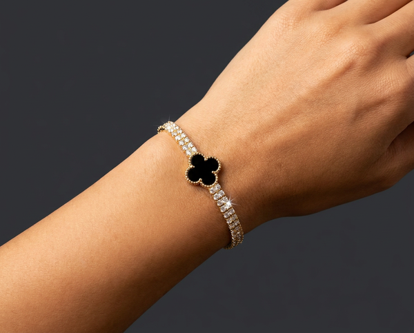 Black clover tennis bracelet in gold tone from Desire Jewellery