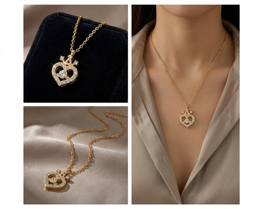 Crowned Heart Pendant Necklace - Gold Tone